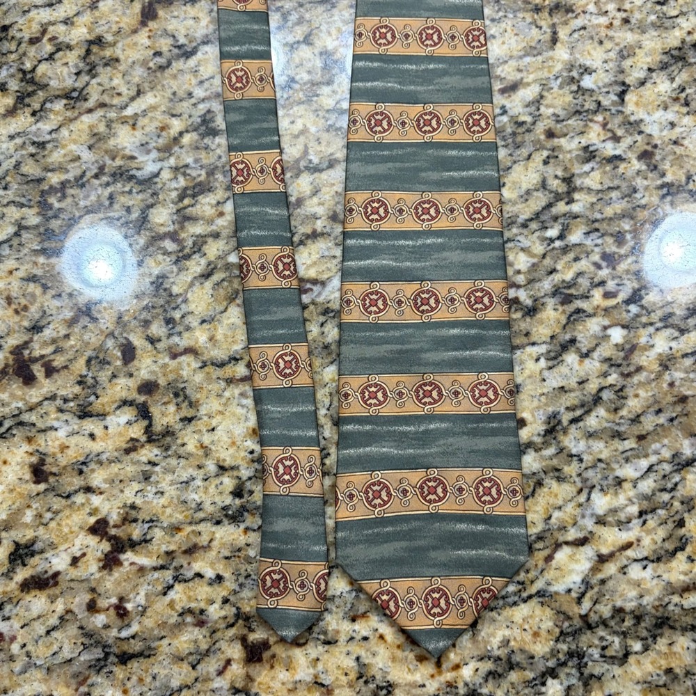 Bill Blass Mens Silk Tie Sage Green Gold Geometric Medallion Striped Necktie